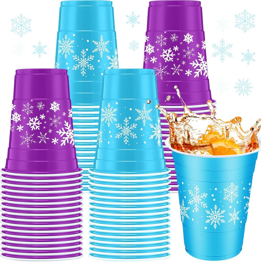 60 Pieces Snowflakes Frozen Plastic Cups 16oz Disposable Winter Snowflake Beverage Drinking Cups for Birthday Baby Shower Holiday Coffee Beer Party Favors(Blue, Purple)