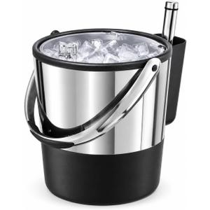 Oggi Insulated Ice Bucket, 4 Quart / 3.8 L, Stainless Steel, Black.