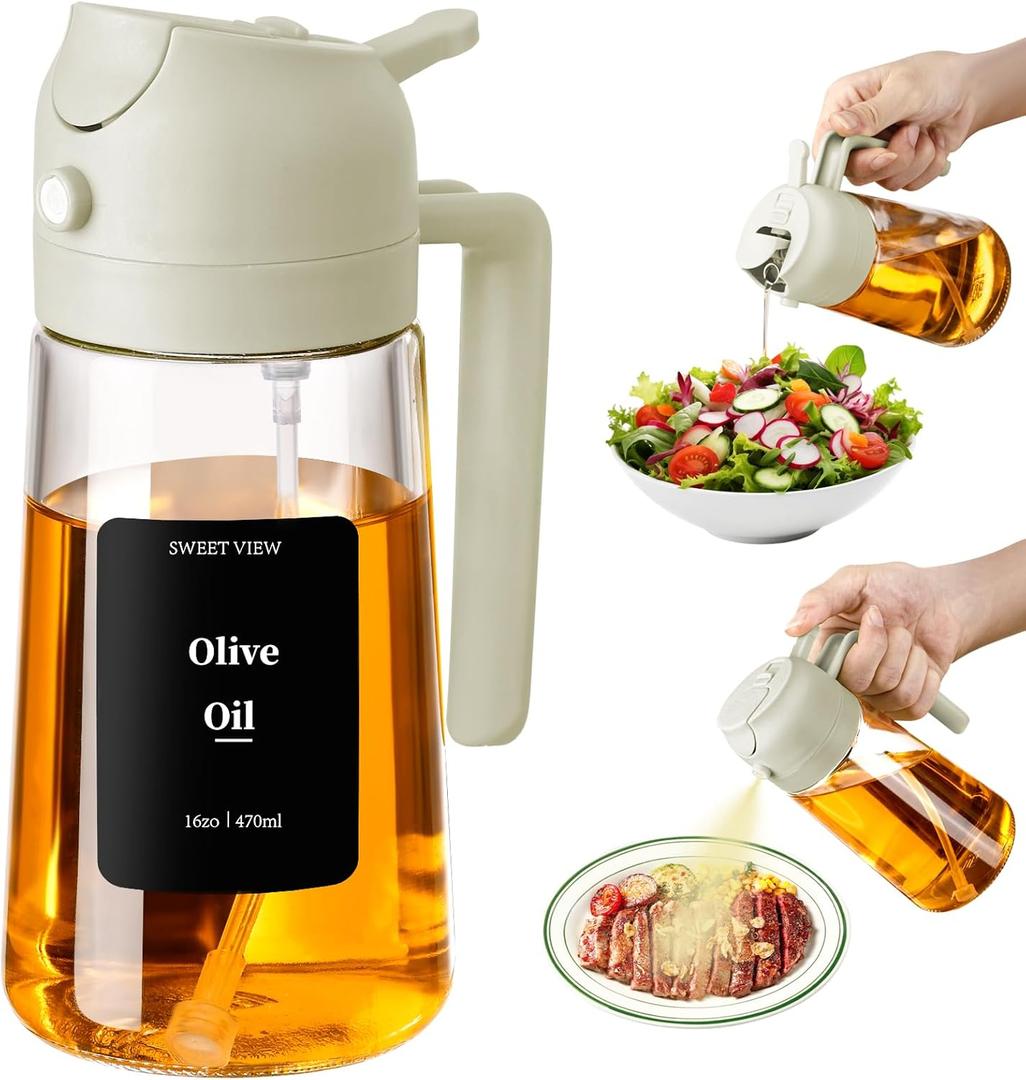 16oz/470ml Oil Dispenser and Oil Sprayer, Glass Olive Oil Pourer for Kitchen, Air Fryer, Cooking, Salad, BBQ (White)