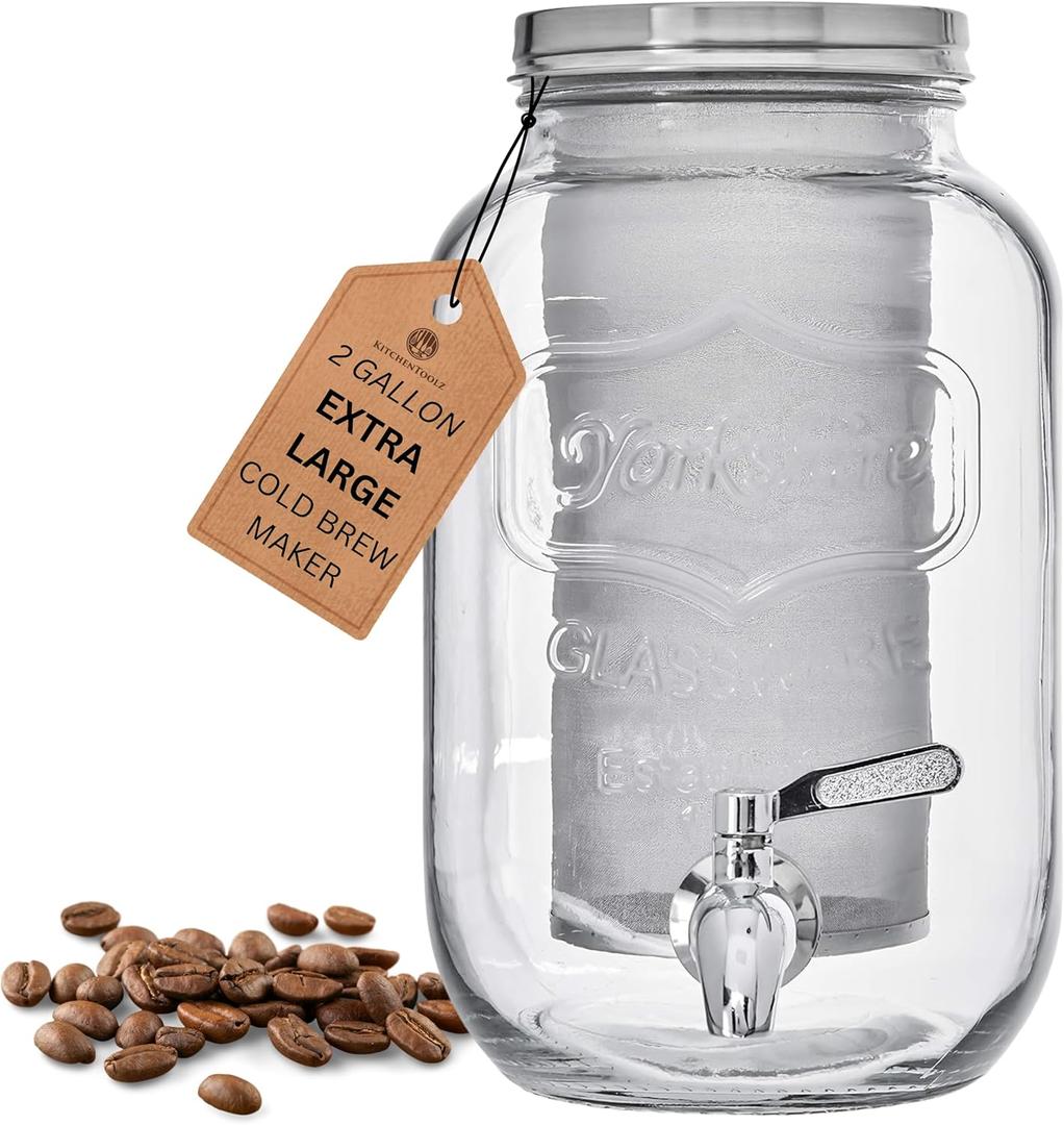 2-Gallon Cold Brew Coffee Maker  Commercial Size Extra Large Glass Dispenser with Metal Spigot, Reusable Metal Filter & Airtight Lid  Big Batch Brewing by KitchenToolz
