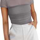 REORIA Women's Sexy Mock Turtle Neck Short Sleeve Shirts Sheer Mesh Ruched Trendy Going Out Bodysuits Tops (Large, Deep Grey)