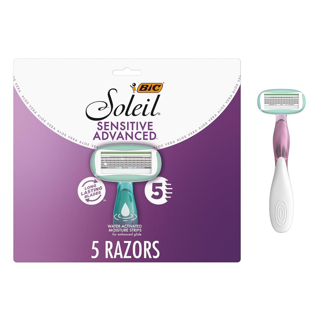BIC Soleil 5 Sensitive Women's Disposable 5-Blade Razors, 360 Degree Moisture Strips and Pivoting Head, 5-Pack