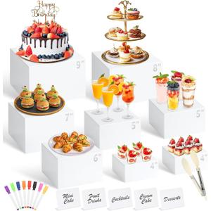 8 Pcs White Buffet Risers with Mini Table Sign, Serving Tongs, Acrylic Food Risers for Buffet Table Display Stand Shelf for Party Catering Dessert Jewelry Collectibles (Size 9" 8" 7" 6" 5" 5" 4" 4")