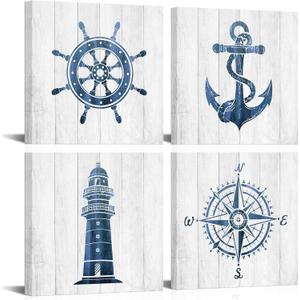 VANSEEING Nautical Wall Art Beach Themed Anchor Lighthouse Bathroom Decor Boat Helm Painting Pictures Print on Canvas Blue Grey Artwork Ready to Hang for Bathroom Living Room 12x12 Inchx4 Panels