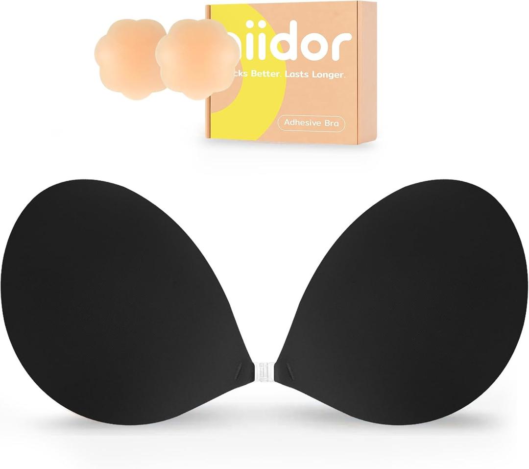 Niidor Adhesive Bra Strapless Ultra Sticky Invisible Push up Silicone Bra Multiple Colors Sizes Reusable for Backless Dress (Black)