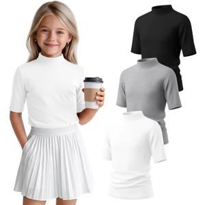3 Pack Girls' 1/2 Sleeve Shirts | Mock Turtleneck Shirts, Half Sleeve, Basic, Elbow Length, Casual, Going out, Basic, Stretch, Soft, 5-14 Years, Summer