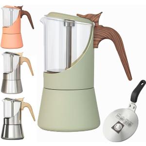 Glass Moka Pot for Stovetop & Induction - Italian Espresso Maker with Wood Handle & Leak-Proof Design - Comes with Induction Heat Diffuser Plate (6 Cup, Frosted 240ml)