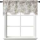 Scalloped Valance for Windows - Farmhouse Light Filtering Faux Linen Textured Fabric Floral Patterned Kitchen Valance with Tassels for Cafe Living Room Basement Laundry, 1 Piece, 52Wx18L, Grey
