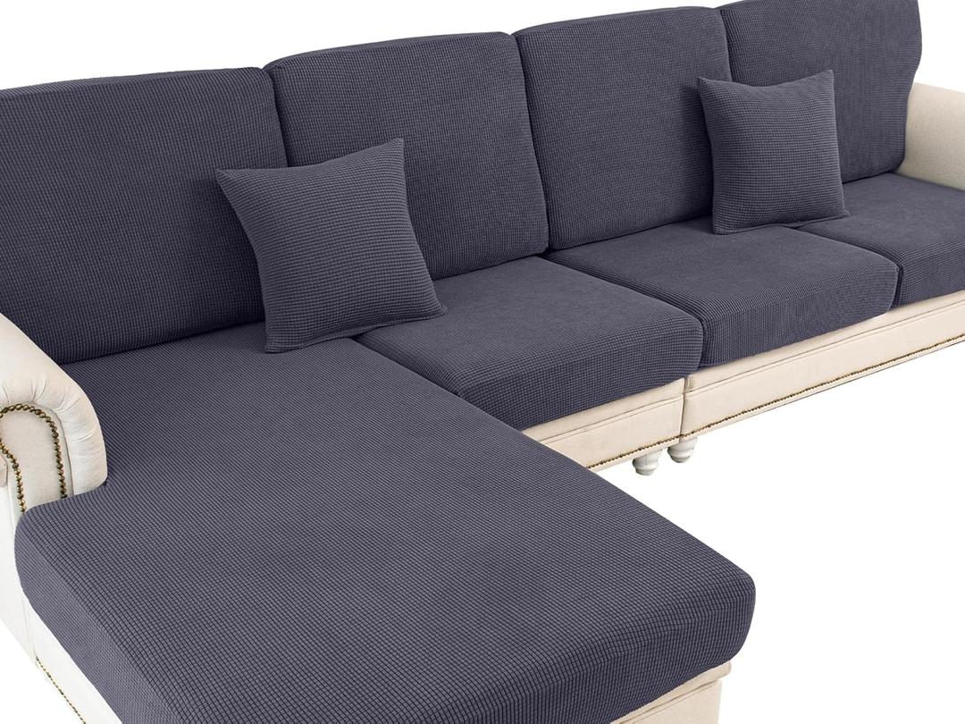 Couch Cushion Covers for Sectional Sofa L Shape Washable Separate Seat Chaise Couch Cover Stretch Sofa Slipcovers with 2 Pcs Pillowcases (3 Seater + 1 Chaise, Dark Grey)