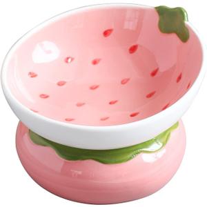 Ceramic Raised Cat Bowl - Pink Elevated Food Bowl for Indoor Cats, Anti-Vomiting & Spine Protection, Cute Tilted Dish for Flat-Faced Cats and Kittens (Strawberry Shaped)