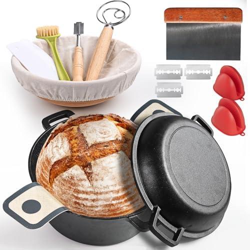 Advanced Cast Iron Dutch Oven for Baking, With Banneton Bread Proofing Basket & Baking Supplies, 5QT Multi-Functional Dutch Oven Pot with Lid, Cast Iron Bread Pan, Black