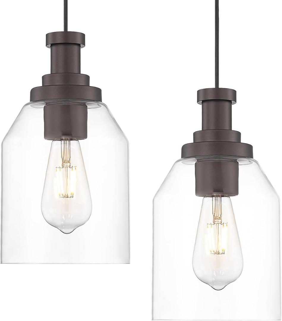 zeyu 2 Pack Farmhouse Hanging Pendant Lights Kitchen, Large Kitchen Pendant Lighting Over Island, Clear Glass Shade, Oil Rubbed Bronze Finish, ZG33M1L-2L ORB