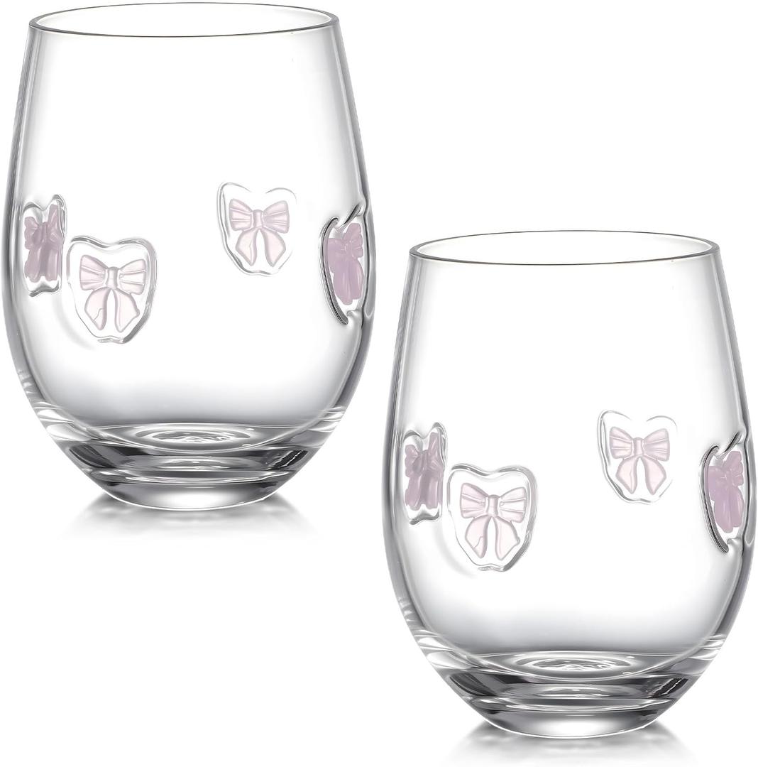 2 Pcs Bow Cups Icon Juice Glasses Stemless Aesthetic Drinking Cups 18 oz Old Fashioned Cocktail Cup Coffee Mugs for Party Supplies Gifts