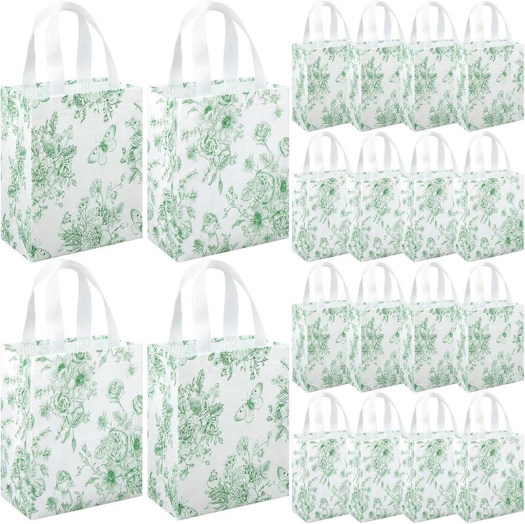 Wovnet 30 Pcs Sage Green Floral Gift Bags with Handle Reusable Non Woven Vintage Floral Tote Party Favor Bags Spring Flowers Treat Goodie Bag for Wedding Bridal Shower Tea Party 10 x 8 x 4 Inch, 1 count