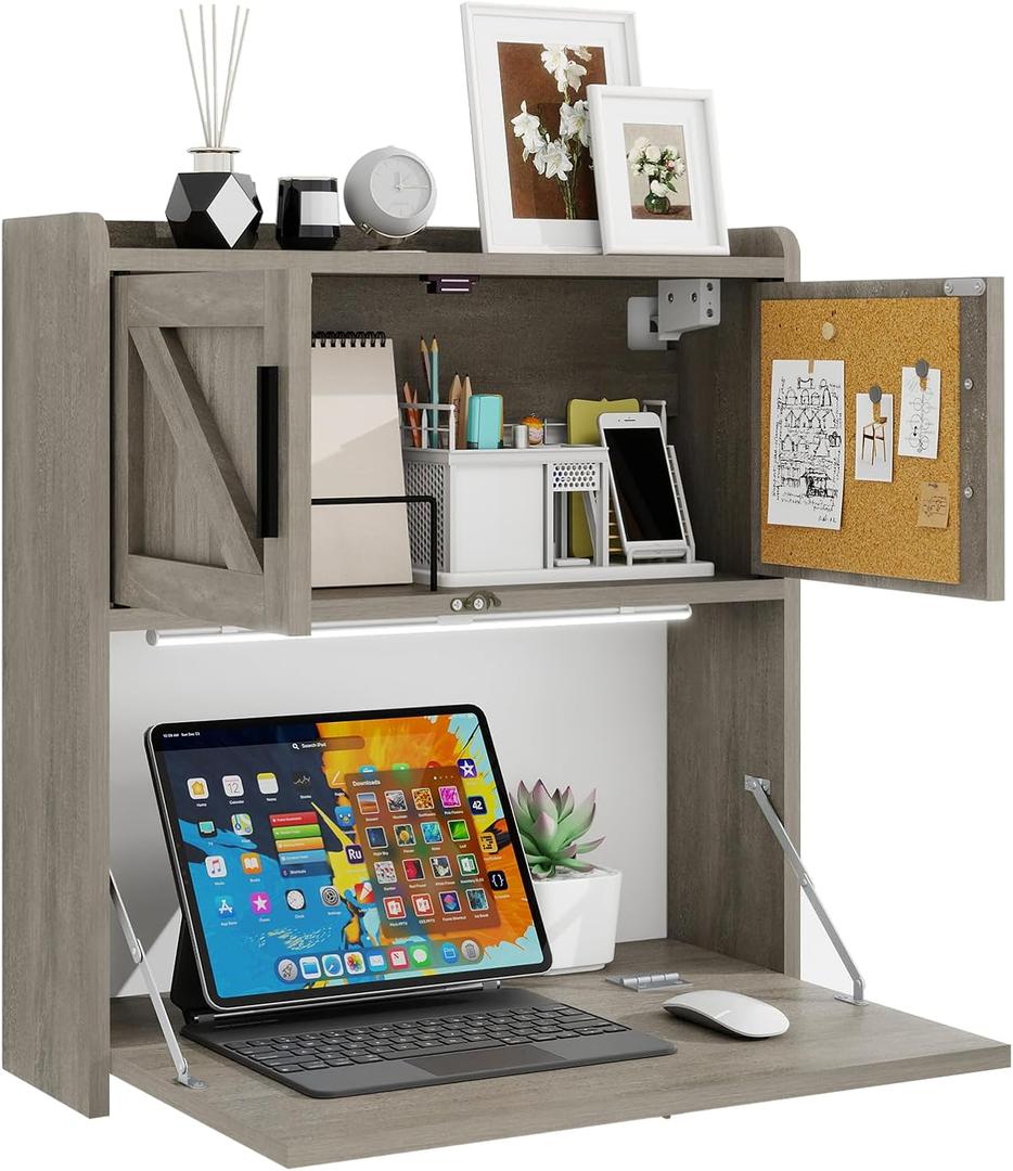 ARTETHYS Wall Mounted Desk with LED Light Farmhouse Multifunctional Fold Down Laptop Computer Table Writing Workstation with Storage Compartments Space Saving for Home Office, Gray, Compact, 6.3"D x 23.4"W x 24.4"H