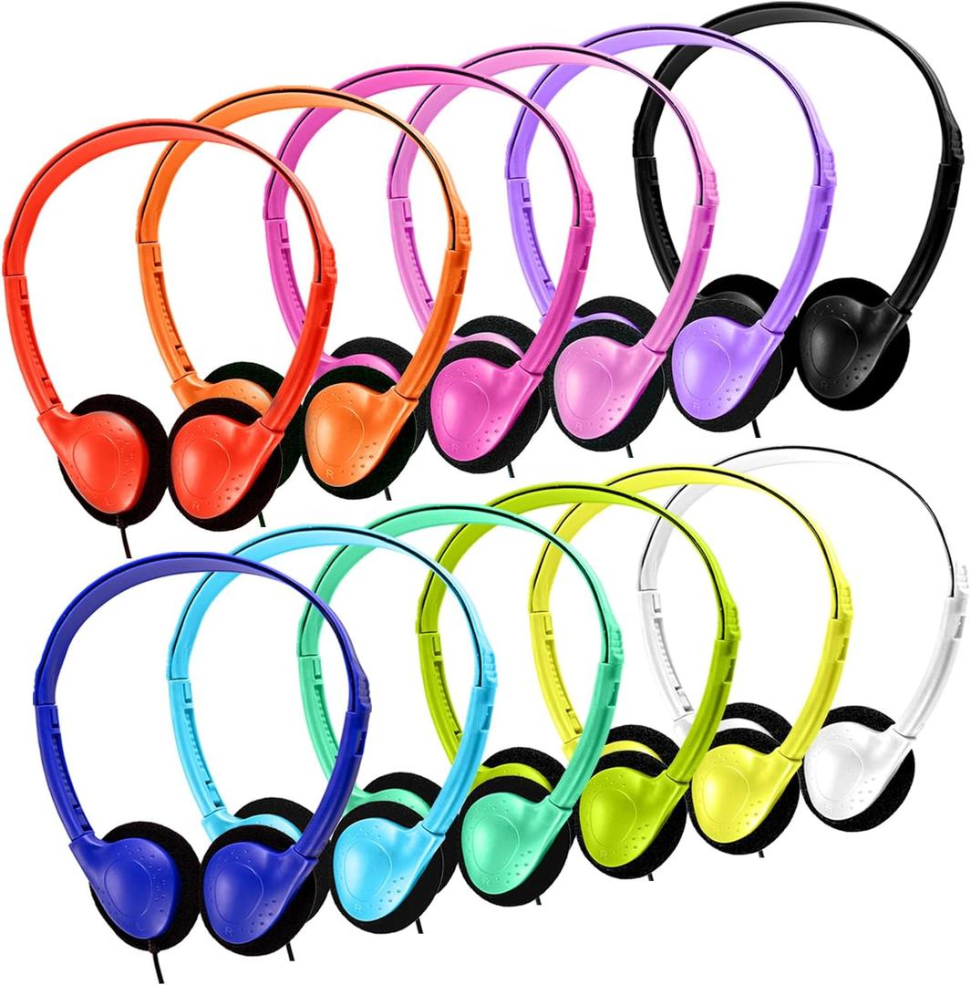 Kids Headphones Bulk 20 Pack Multi Colored On-Ear Corded Headphones with 3.5mm Jack for School Classroom Libraries Students Adult, Individually Bagged (12 Colors)