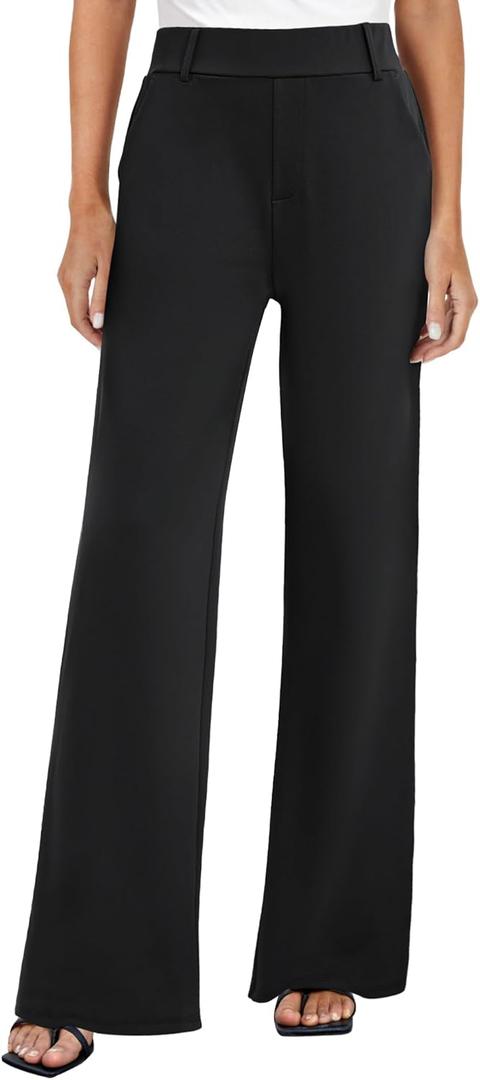 FireSwan Women's Wide Leg Dress Pants High Waisted Stretchy Work Trousers Business Casual Office Pull on Slacks with Pockets (Black, S)