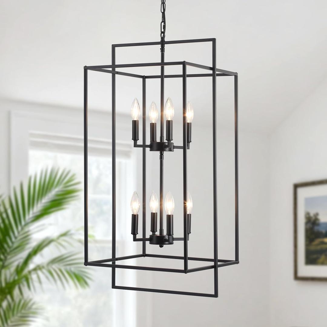 8-Light Matte Black Lantern Chandelier, 15" High Ceiling Modern Farmhouse Pendant Light Fixture, Powder-Coated Double Tiered Entryway Lighting for Foyer, Dining Room & Staircase