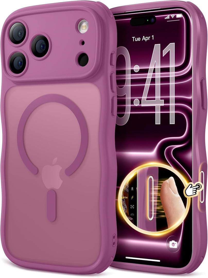 for iPhone 17 Pro Case for Women Girls,Compatible with MagSafe,Camera Control,Full Camera Protection, Cute Wave Magnetic Phone Case for iPhone 17 Pro,Burgundy