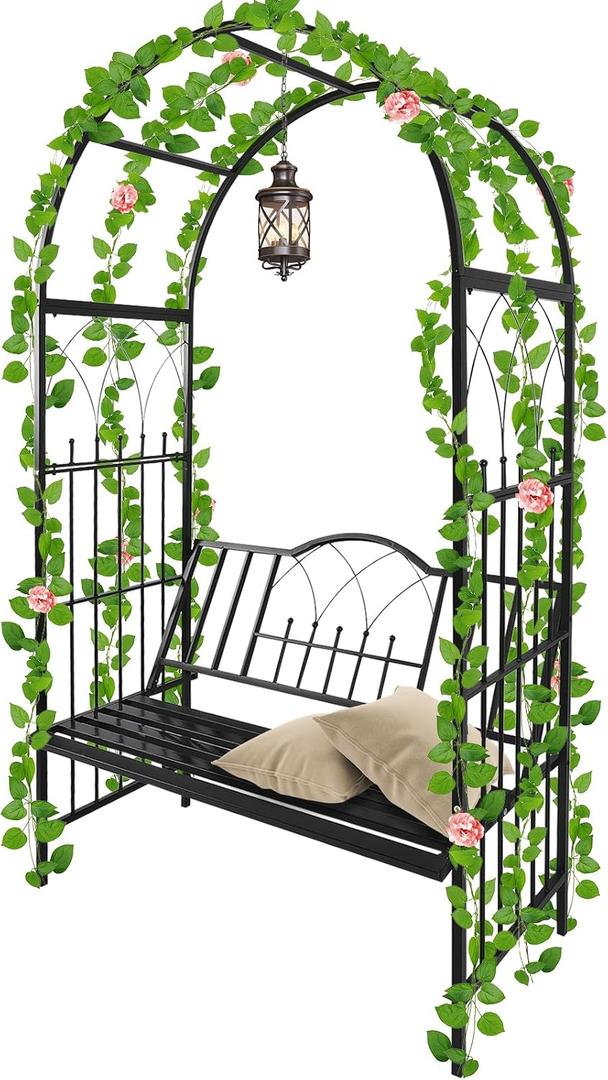 Kalolary Garden Arch with Bench, Heavy Duty Metal Garden Arbor for Climbing Plant & Bench Vines Climbing Support for Lawn Yard Patio Decor (81"x45"), With Seat