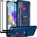 Androgate for Samsung Galaxy A21s Case with Tempered Glass Screen Protectors, Military-Grade Metal Ring Kickstand 15ft Drop Tested Shockproof Cover for Samsung Galaxy A21s Blue