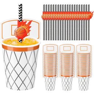100 Sets Basketball Hoop Cups with Straws 9 oz Basketball Party Cups Disposable Paper Sports Cold Drink Fruit Juice Coffee Dinnerware for Balls Birthday Party Favors Decorations Supplies