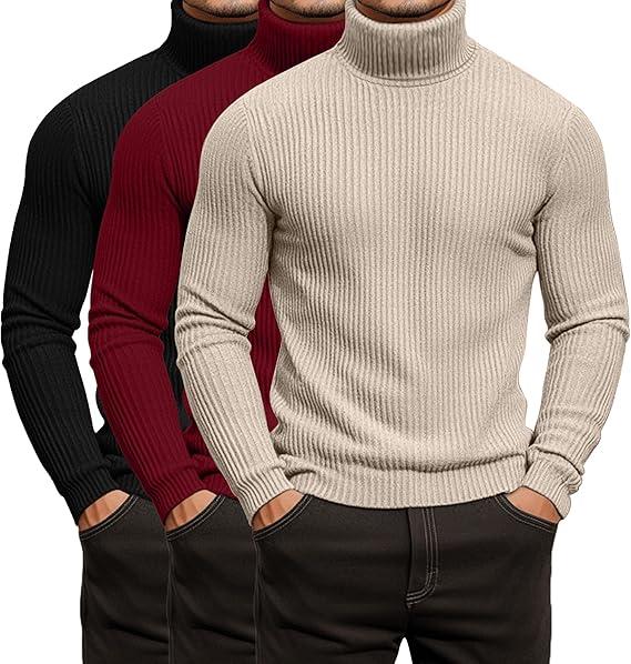 3 Pack Men's Ribbed Turtleneck Shirts, Long Sleeve Mock Neck Lightweight Pullover Sweaters Knit Base Layer Tee Tops XL, Black, Wine Red, Light Apricot