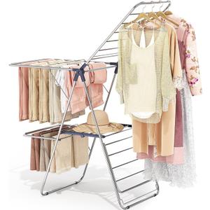 APEXCHASER Clothes Drying Rack with 4 Wings, Stainless Steel Drying Rack Clothing with Height-Adjustable, Foldable Gullwings Laundry Drying Rack, Indoor Outdoor Use, No Assembly, Regular Blue