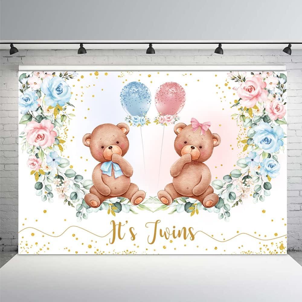 MEHOFOND Twin Bear Boy Girl Baby Shower Backdrop It's Twins Pink Blue Floral Birthday Party Decorations Photography Background Newborn Gender Reveal Theme Cake Table Banner Supplies 7x5ft