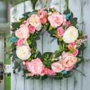 22 Inch Spring Summer Wreaths for Front Door Artificial Roses Camellias Flower Wreath with Eucalyptus Leaves, Pink Roses Floral Door Wreath for Mantel,Wedding Indoor Outdoor Home Party Wall Decor