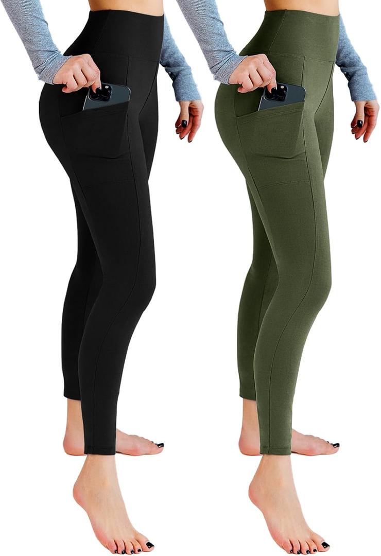 Leafigure 2 Pack Leggings with Pockets for Women, High Waisted Soft Leggings for Yoga Gym (Small-Medium, Black/Army Green)