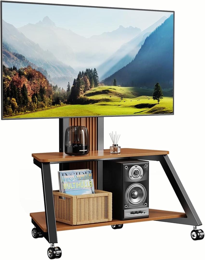 Heavy Duty Mobile TV Stand Rolling TV Cart with Wheels for 32-85 Inch Flat/Curved Led/LCD/OLED Portable Floor TV Stand with Wooden Shelves, Height Adjustable Holds up to 220lbs,Max VESA 600 x400mm