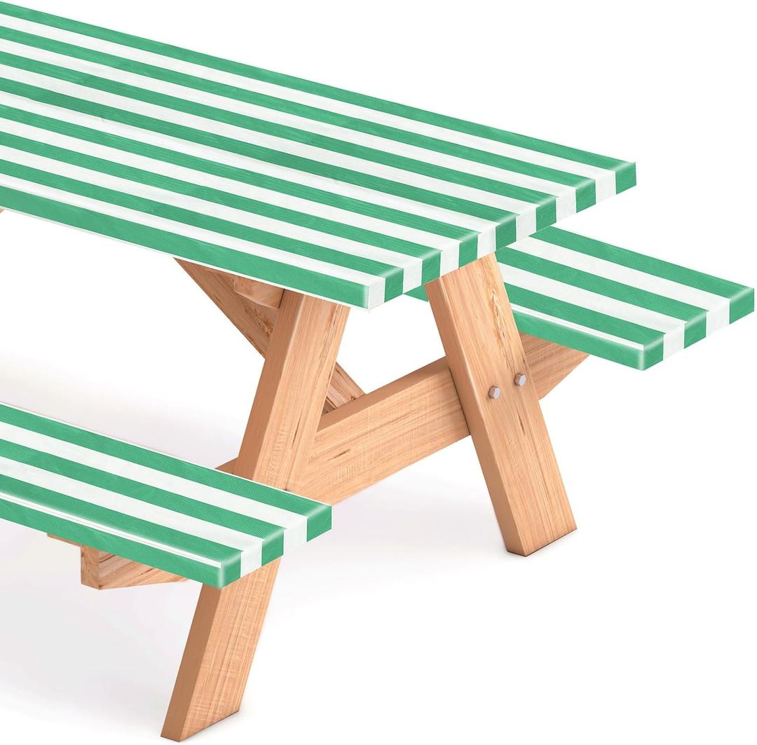 SmoothNovelty Picnic Table Cover with Bench Covers 72 x 30 Inch Waterproof Elastic Fitted Outdoor Stripe Tablecloth for 6 ft Rectangle Tables, School Camping Accessories Park(Aqua Color and White)