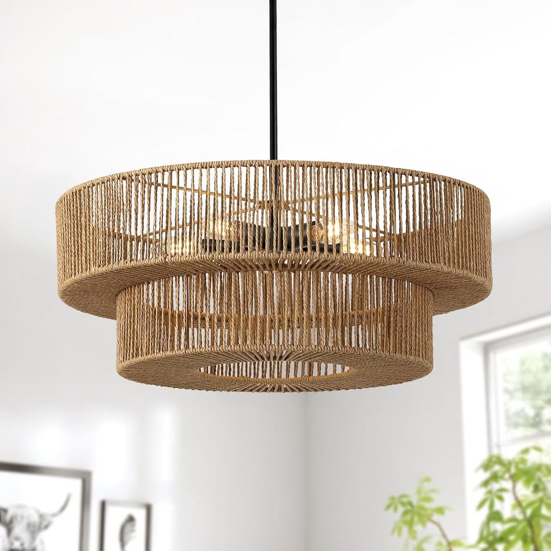 MeiShiDeng 22'' Large Boho Rattan Chandelier, 5-Light Drum Pendant Light