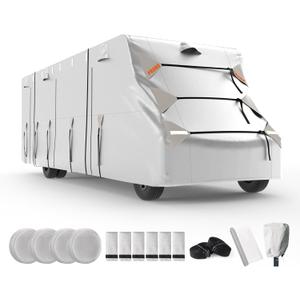 FRUNO Oxford Fabric Class C RV Cover Fits 23'-26' Waterproof Rip-Resistant Anti-UV Motorhome Camper Cover for Winter Snow with 4 Tire Covers and Gutter Covers