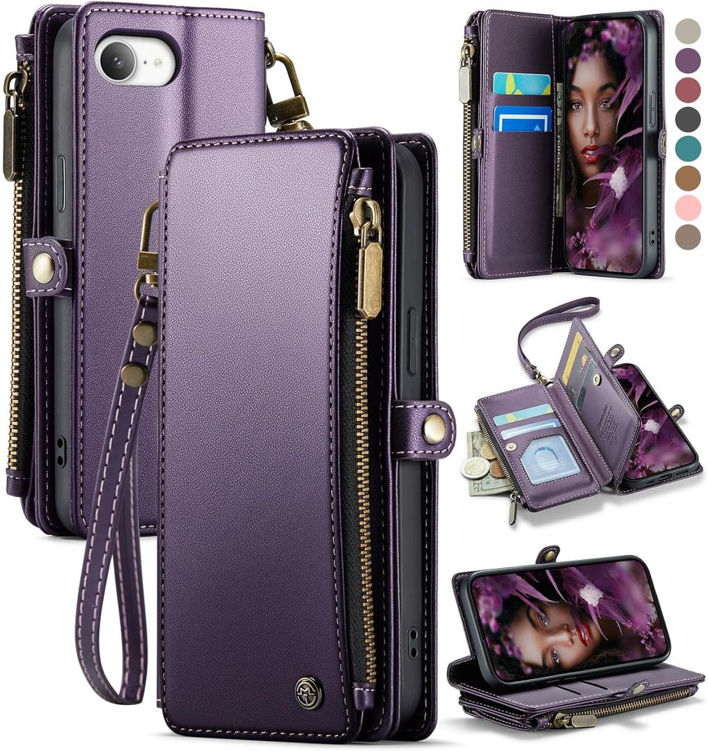 Defencase for iPhone 16E Case Wallet with RFID Blocking Card Holder Slots for Women Men, Elegant PU Leather Magnetic Snap Flip Wristlet Strap Zipper Wallet Phone Cases for iPhone 16e 2025, Purple