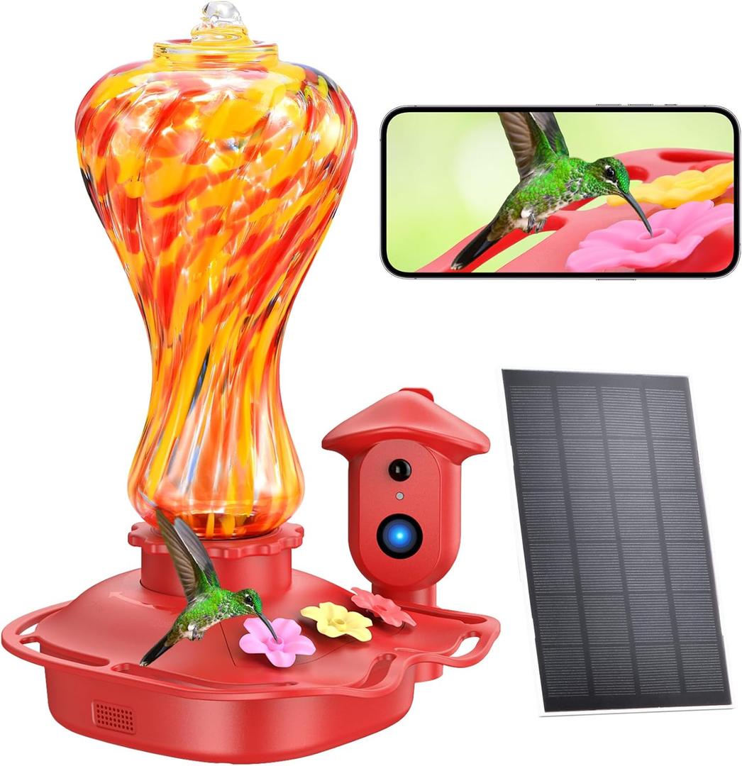 Smart Glass Hummingbird Feeder with Camera, Solar Powered 2K HD Hummingbird Feeders for Outdoors Hanging, AI Identifies & Auto Recording, Leak-Proof Ant & Bee Proof, Ideal Gift for Bird Lovers (Multicolor)