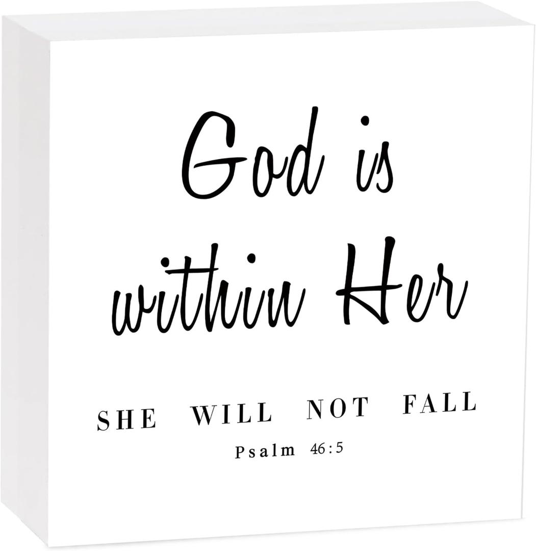God is within Her Bible Verse Wooden Box Sign, Jesus Decor For Home Office Table Desk And Wall, Inspirational Gifts For Friends Family