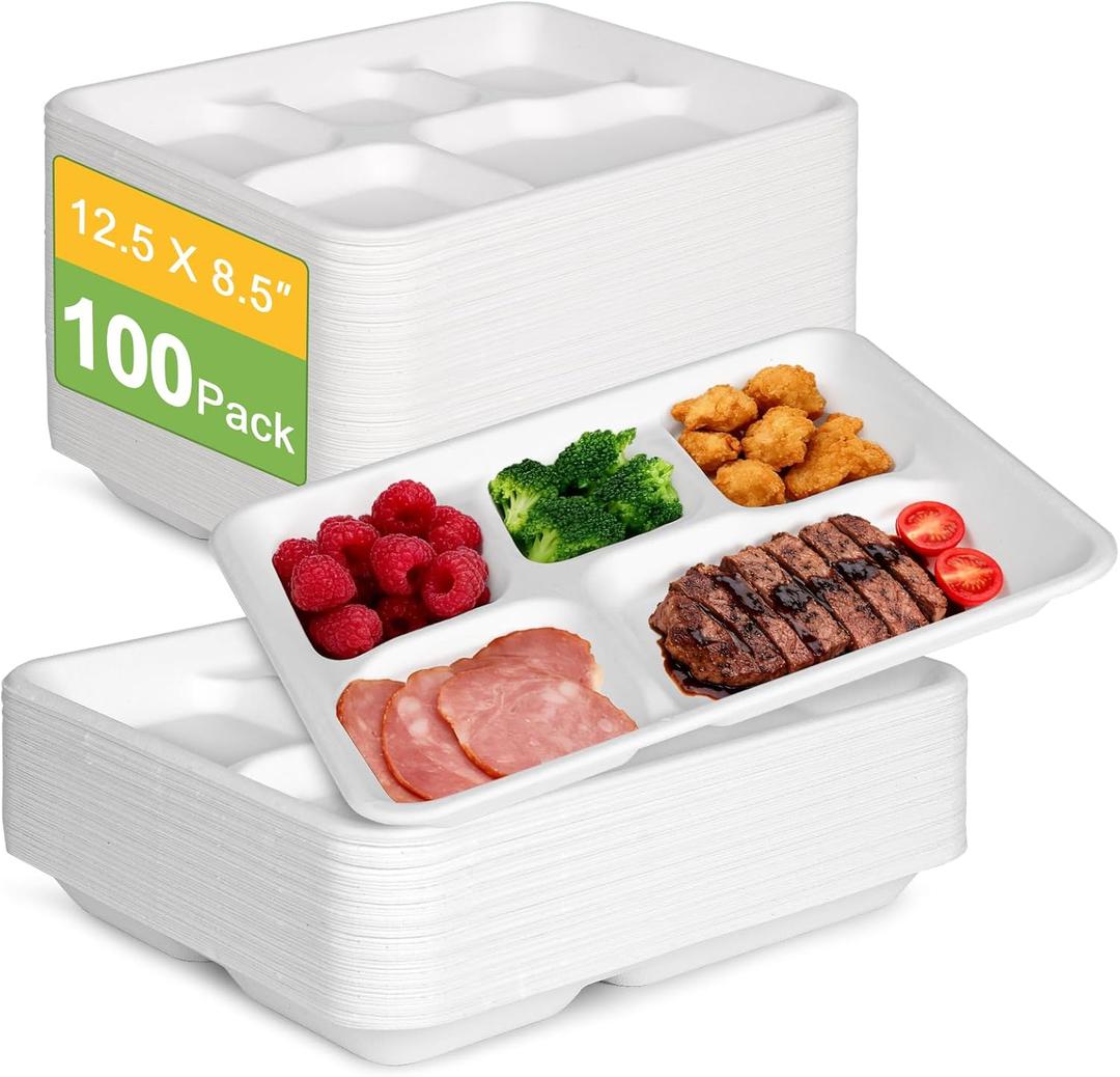 Compostable 5 Compartment Plates Disposable, 12.5 x 8.5 inch, [100-Pack] Heavy Duty Paper Plates with Dividers, Sturdy School Lunch Trays, White Large Dinner Plates for Buffet Party
