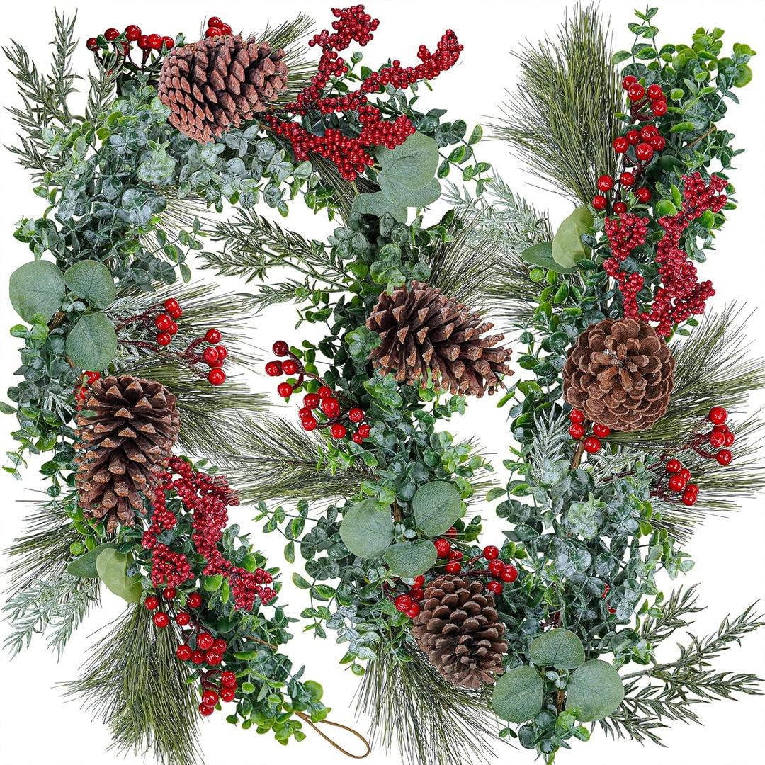 Winlyn 6' Long Artificial Eucalyptus and Pine Christmas Garland with Pine Cones Red Berries Pine Needles Winter Greenery Garland Christmas Season Holiday Wedding Table Runner Centerpiece Mantel Decor
