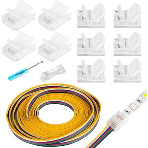 6 Pin LED Strip Connectors Solderless 10 Pack with 16.4ft Extension Cable 6 Conductor for Waterproof or Non-Waterproof 12mm Wide LED Strip Lights,Transparent Track Lighting Connectors