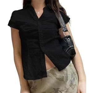 Y2k Girls Vintage Coquette Button Down Shirt Women Short Sleeve V-Neck Slim Fitted T-Shirt Cute Blouse Crop Top Size S