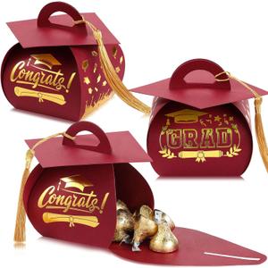 TaoBary 30 Pcs Graduation Cap Gift Boxes Graduation Decorations Class of 2025 Candy Box with Tassel for 2025 Grad Party Favors Supplies(Maroon, Gold)