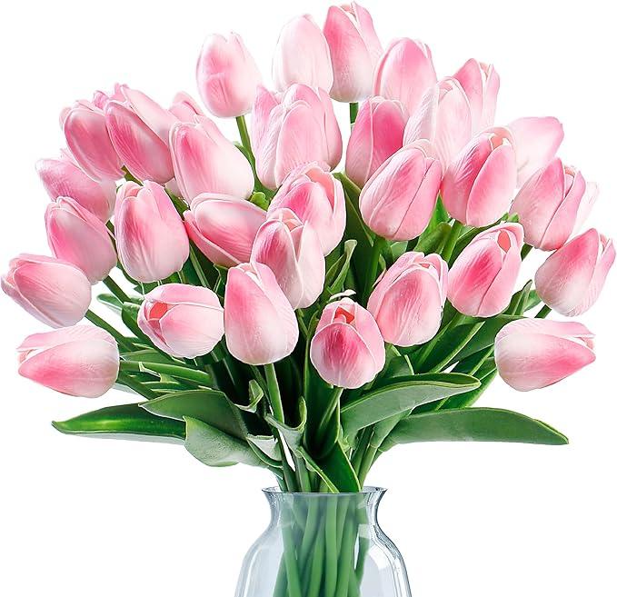 15pcs Artificial Tulips Flowers Fake Faux PU Tulip Bouquet Real Touch Flower Arrangement for Home Room Office Party Wedding Decoration Excellent Gift Idea for Mothers Day (Pink)