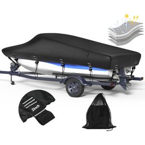 5-ply 1200D Boat Cover with Storage Bag & Widened Straps for Trailering & Mooring Fits 14-16ft Bass Boat, V-Hull, Tri-Hull Runabout Pro-Style Fishing Boat - Waterproof Anti-uv and Breathable (Length 14'-16', Beam width up to 90'', Black)