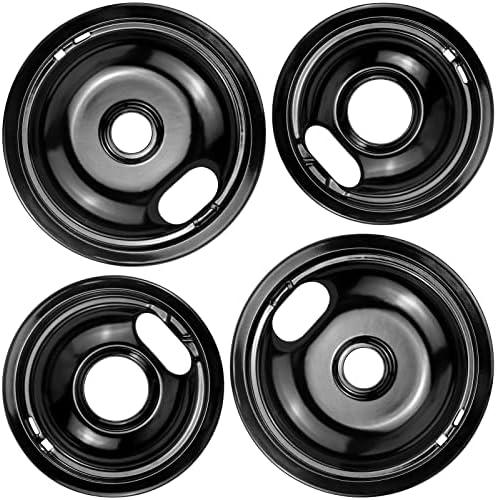 Stove Burner Drip Pans W10288051 Burner Covers-2 Packs 6” W10290353 Black Porcelain Burner Pans and 8" W10290350 Stove Top Covers for Electric Stove by Sikawai