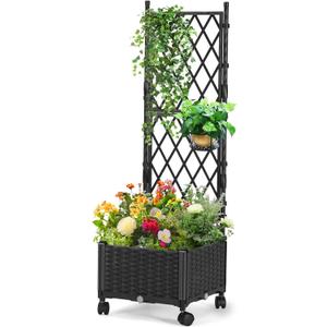 Planter Box with Trellis, 4ft Tall Self-Watering Plastic Raised Garden Beds and Lattice Trellis with Lockable Wheels & Drain Plug for Outdoor Patio Backyard Balcony, Black, 1 Pc