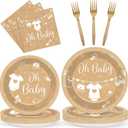96Pcs Neutral Baby Shower Party Decorations Oh Baby Paper Plates and Napkins Party Supplies Brown Boho Tableware Dinnerware for Girl Boy Gender Reveal Birthday Baby Shower Decoration Serve 24 Guests