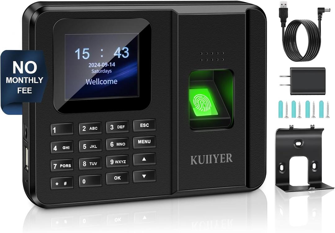 KUIIYER 2 in 1 Employees Time Clocks for Small Business (Fingerprint + Password) Employee Clock in & Out Machine Biometric Attendance Punch Clock Recorder Tracker (No Monthly Fee)