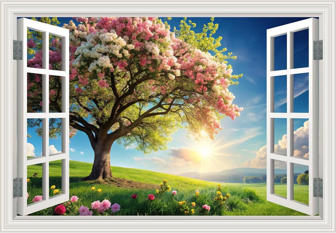 Fake Window Wall Mural Spring Green Flowers Tree Art Poster Faux Window Wall Sticker for Office Home Room Decor, Peel and Stick Wall Decals 24" x 16"